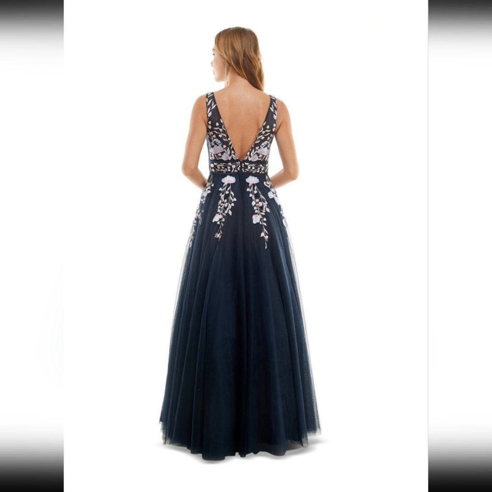 Navy Blue Gown with Purple Embroidered Floral Deisgn